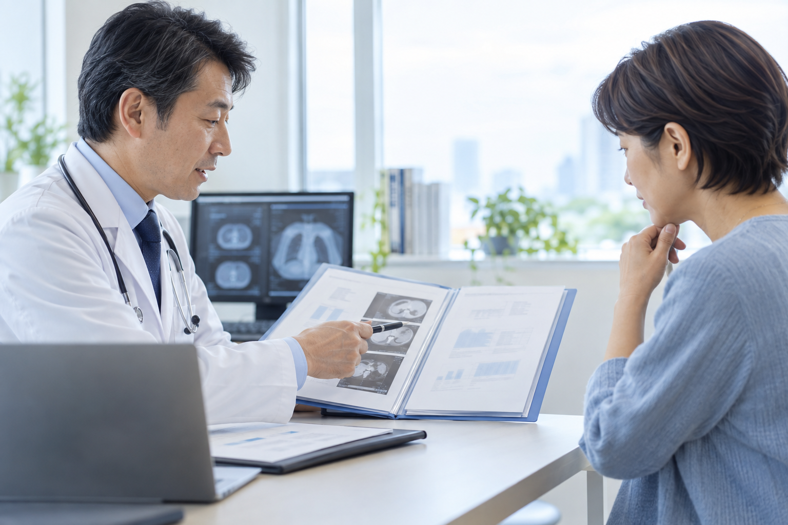 医師が患者様にがん治療について説明する様子
