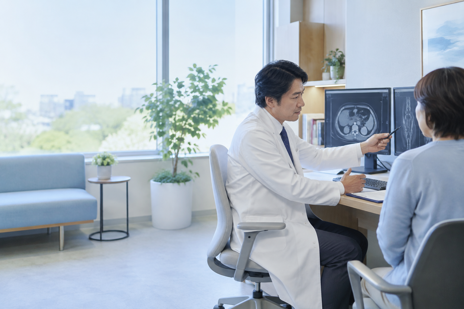 医師が画像検査を確認しながら患者様に治療方針を説明する様子