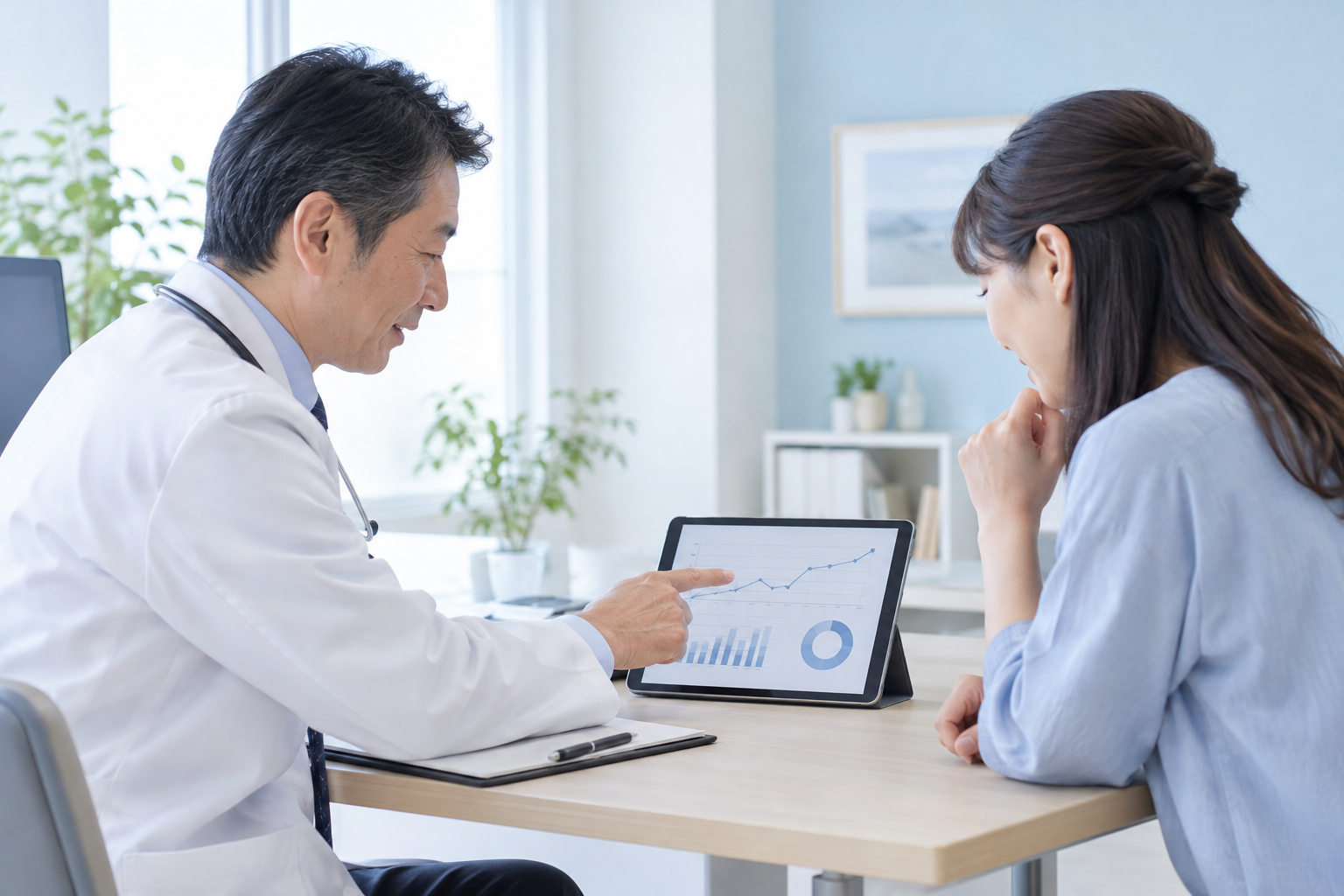 医師と患者様が治療後の経過を確認する様子