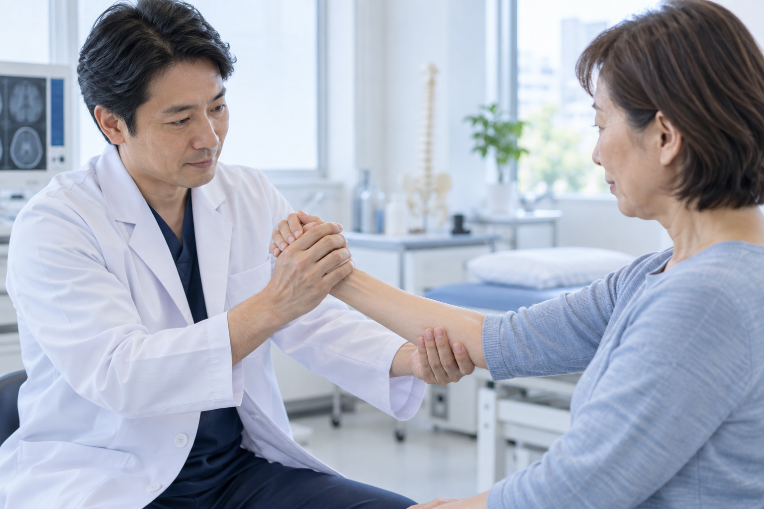 医師が患者様の手や腕の動きを確認する様子