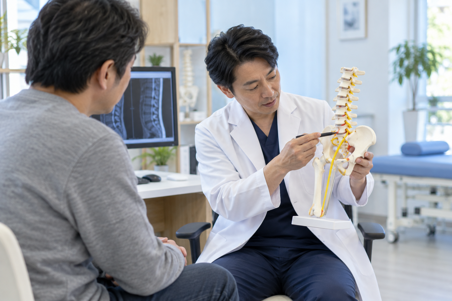医師が脊椎模型を使って痛みやしびれについて説明する様子